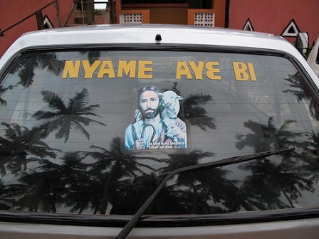 car with Jesus picture in Ghana