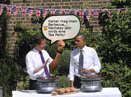 Barack Obama und ein Freund beim Grillen. Obama sieht traurig aus. Sein Freund sagt: "Keiner mag mein Barbecue... Nächstes Jahr wirds eine Tea Party!"