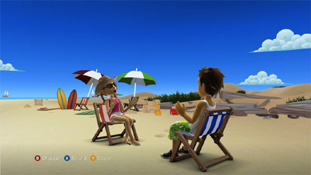 Zwei Xbox-Avatare sitzen in einem 3D-Chat am Strand.