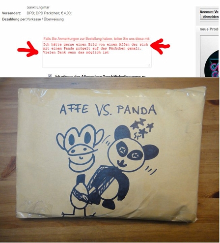 Bestellung bei Audiolith. Päckchen mit einem Affen und einem Panda