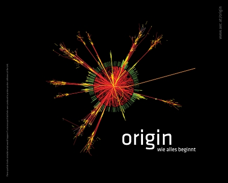 Das Logo zum Ars Electronica Festival 2011: ein Schriftzug "origin - wie alles begann" neben einer in rot und grün gehaltenen Grafik, die eine Zellkern symbolisiert.