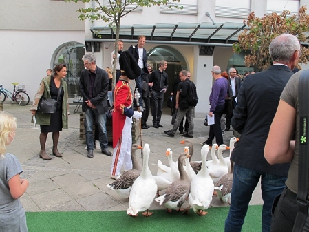 Gänse als Performanceteilnehmer bei Ausstellungseröffnung im Grazer Kunstverein