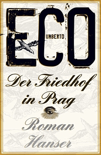 Buchcover von Umberto Ecos Roman "Der Friedhof von Prag", illustriert mit einer Taube und einem einzelnen Auge