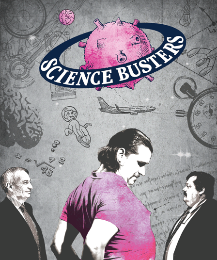 Die Science Busters, Puntigam in pinkem Tshirt mit abstehendem Nippel