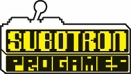 Logo von Subotron Pro Games: Ein pixeliger Schriftzug in Großbuchstaben in den Farben gelb, schwarz und weiß, über der Schrift befindet sich ein Joystick.