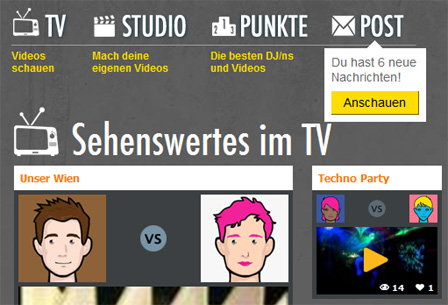 Das Hauptmenü von "Your Turn", bestehend aus den Punkten "TV", "Studio", "Punkte" und "Post". Darunter aktuell vorgestellte Videos.