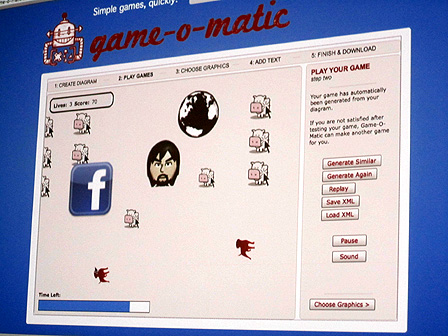 Der Videospielbaukasten "game-o-matic". In einer grauen Fläche befinden sich mehrere Piktrogramme, denen man mittels Linien Verhältnisse zuweisen kann.