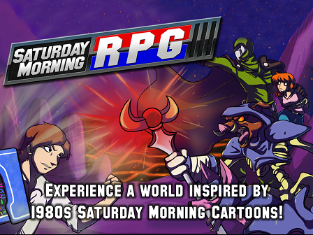 Ein Bildschirmfoto des Videospiels "Saturday Morning RPG": zwei Comic-Bösewichter, die von Titelheld Marty mit der geballten Faust bedroht werden.