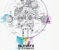 Eine Zeichnung des Grazer Uhrturms im Stil einer schematischen, technischen Darstellung. Darunter der Schriftzug "Elevate, 24.-28. October 2012".