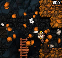 Bildschirmfoto aus dem Computerspiel "Spelunky": Der Held ist gerade auf einer Leiter hinaufgeklettert und wird von herabfallenden Steinen gestört.