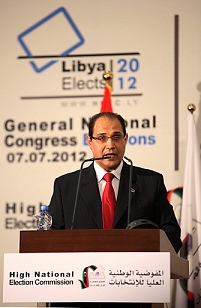 Chairman of Libya's National Electoral Commission, Nouri al-Abbar speaks during a press conference on  final results, in Tripoli, Libya