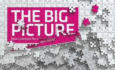 Viele weiße Puzzlesteine mit schwarzen Rändern, darüber ein pinkes Rechteckt mit weißen Lettern, die "The Big Picture" darstellen.