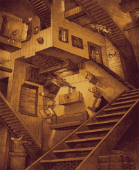 Gezeichnetes Motiv für Plakat für "The Cabin in the Wood": Im Stil von M.C. Escher gehaltene Einsicht in ein Haus mit mehreren Zimmern und verbindenden Treppen - darin 5 Personen