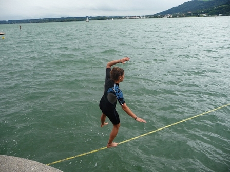 slacklining over water