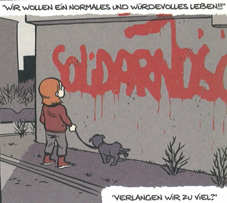 comic: solidanosc ist an die wand gepinselt, ein mädchen steht davor