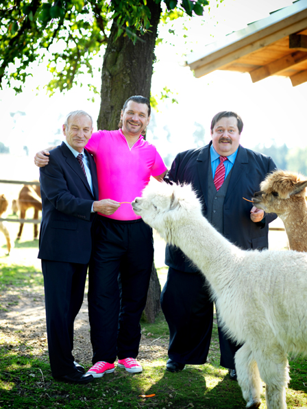 Science Busters beim Lamas Streicheln