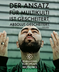 Die Ankündigung zur Gala von "Rebranding European Muslims" zeigt einen Mann mit halb zum Himmel erhobenen Händen zum Zitat "Der Ansatz von Multi-Kulti ist gescheitert"