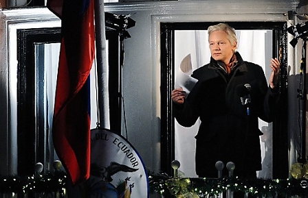 Julian Assange on the balcony of the Ecuadorean embassy in London