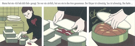 comic frau packt essen in tupperware