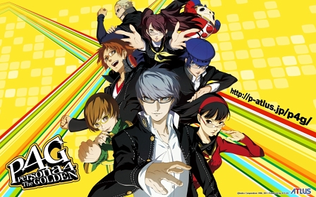 Wallpaper zum Videospiel "Persona 4 Golden": japanische Manga-Figuren posieren kreisförmig.