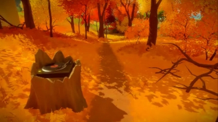 Die PlayStation-4-Pressekonferenz: Ein Bildschirmfoto aus dem Videospiel "The Witness": Man sieht einen in Ockertönen gehaltenen Wald und einen Baumstumpf, in dem ein Plattenspieler steht.