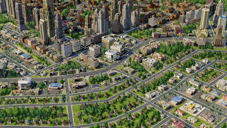 Ein Bildschirmfoto einer Stadt im Computerspiel "SimCity" aus dem Jahr 2013, gesehen aus der Vogelperspektive.