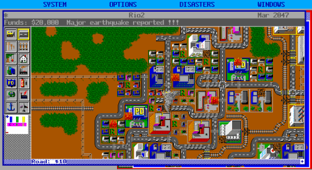 Ein Bildschirmfoto einer Stadt im Computerspiel "SimCity" aus dem Jahr 1989, gesehen aus der Vogelperspektive.