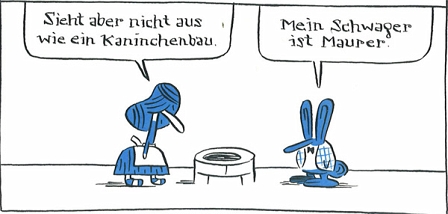 comic - alice und kaninchen stehen vor einem kaninchenbau