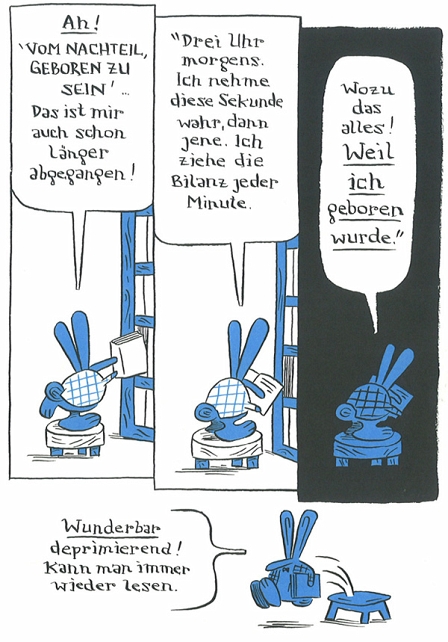 comic kaninchen steht vor der bücherwand und findet "vom nachteil geboren zu sein"