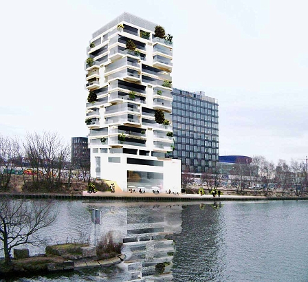 Neues Hochhaus, das in Berlin an der Spree entstehen soll