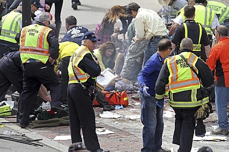 The aftermath of a bomb blast near the finish line on Boylston Street, the scene after the bomb blasts at the 117th running of the Boston Marathon.   