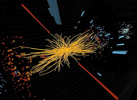 A  computer genenrated image provided by CERN shows Real CMS proton-proton collision events in which 4 high energy electrons (green lines and red towers) are observed in a 2011 event. 