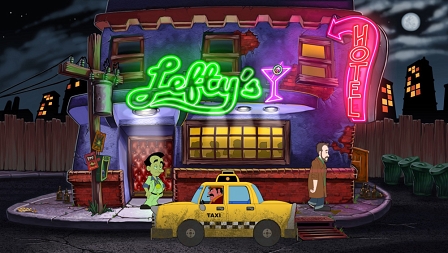 Der Protagonist Larry Laffer vor der Bar "Lefty's" im Computerspiel "Leisure Suit Larry Reloaded".