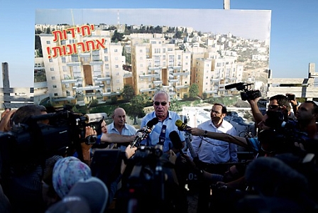  Israeli housing minister Uri Ariel speaks  in the new housing project in Armon Hanatziv neighborhood in southern East Jerusalem, near the Palestinian neighborhood of Jabel Mukaber