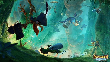 Figuren aus dem Rayman-Universum in einem mysteriösen Zauberwald. Eine knorrige Figur jagt einen Kleinling.