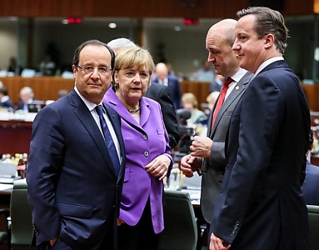 French President Francois Hollande Germany's Federal Chancellor Angela Merkel, Swedish Prime Minister Fredrik Reinfeldt and British Prime Minister David Cameron