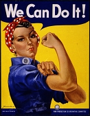 Rosie the Riveter: Frau in blauem Overall, die den Ärmel hochschiebt. Sprechblase "We can do it"