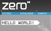 Ein Ausschnitt aus der Frontpage von Zero-inch.com. Der Schriftzug, die Menüpunkte "Cities", "Cataloge" und "Charts". Darunter steht "Hello World!".