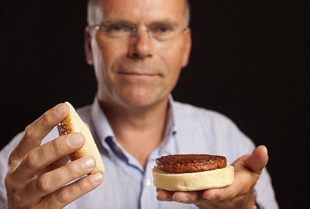 Professor Mark Post with a burger made from Cultured Beef