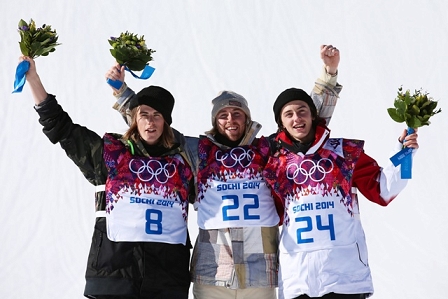 Siegerfoto Snowboard Slopestyle mit Staale Sandbeck, Sage Kotsenburg und Mark McMorris