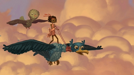 Bildschirmfoto aus dem Computerspiel "Broken Age". Die weibliche Protagonistin Vella reitet auf einem Riesenvogel.