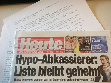 Heute Cover mit Schlagzeile "Hypo-Abkassierer: Liste bleibt geheim" und eine Liste der Hypo Gläubiger