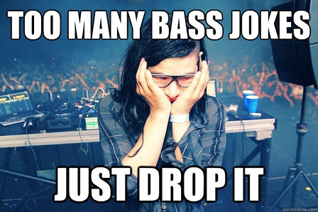 Skrillex mit Text: Too many Bass Jokes, just drop it