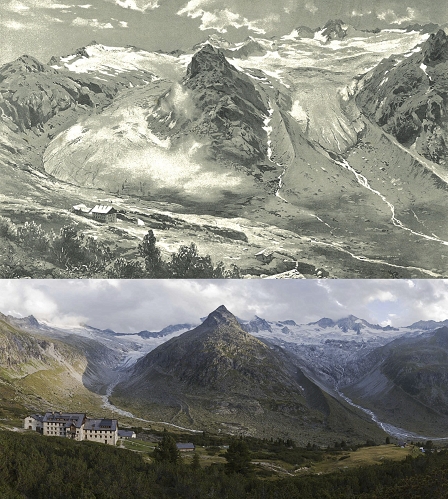 Zwei Landschaftsaufnahmen von 1894 und 2013 im Vergleich. Die Gletscher auf dem aktuelleren Bild haben sich um hunderte Meter zurückgezogen