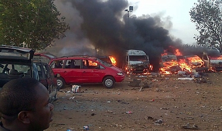 A view of vehicles on fire after a powerful explosion hit Nyana Motor Park, on the outskirts of Abuja, Nigeria 14 April 2014