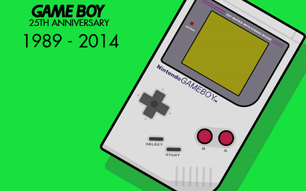 Ein gezeichneter Game Boy auf grünem Hintergrund, daneben steht "Game Boy, 25th Anniversary, 1989 - 2014".