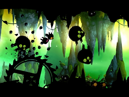 Ein Bildschirmfoto aus dem Computerspiel "Badland": mehrere fliegende Tiere fliegen von links nach rechts, links ist ein großes Sägeblatt.