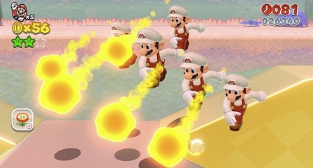 Ein Bildschirmfoto aus dem Computerspiel "Super Mario 3D World": Fünf sogenannte Feuermarios schießen nebeneinander Feuerbälle.