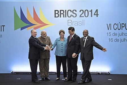 Presidents Dilma Rousseff of Brazil, Vladimir Putin of Russia, Xi Jinping of China, Jacob Zuma  of South Africa and Indian Prime Minister Narendra Modi 