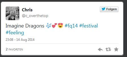 © Twitter
Chris @c_overthetop
Imagine Dragons 🎶💕😍 #fq14 #festival #feeling